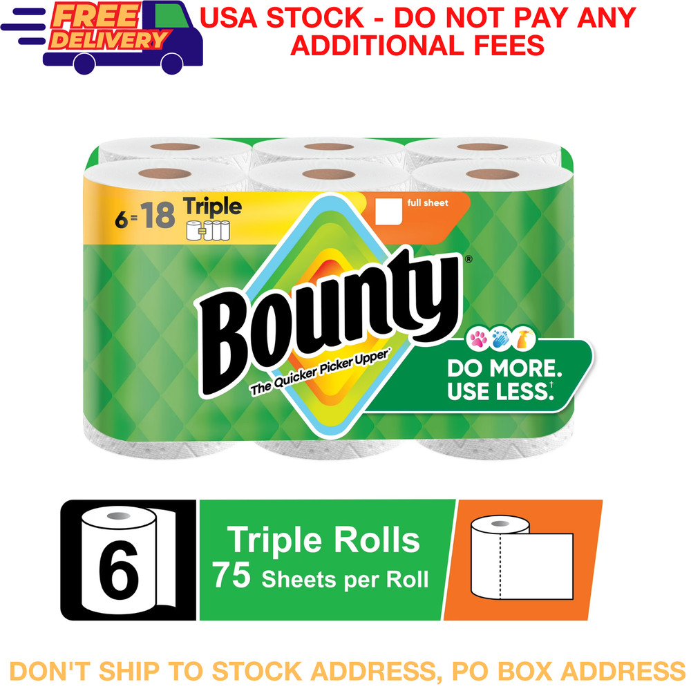Bounty Paper Towels 6 Triple Rolls = 18 Regular Rolls Full Sheet White 75 Sheets