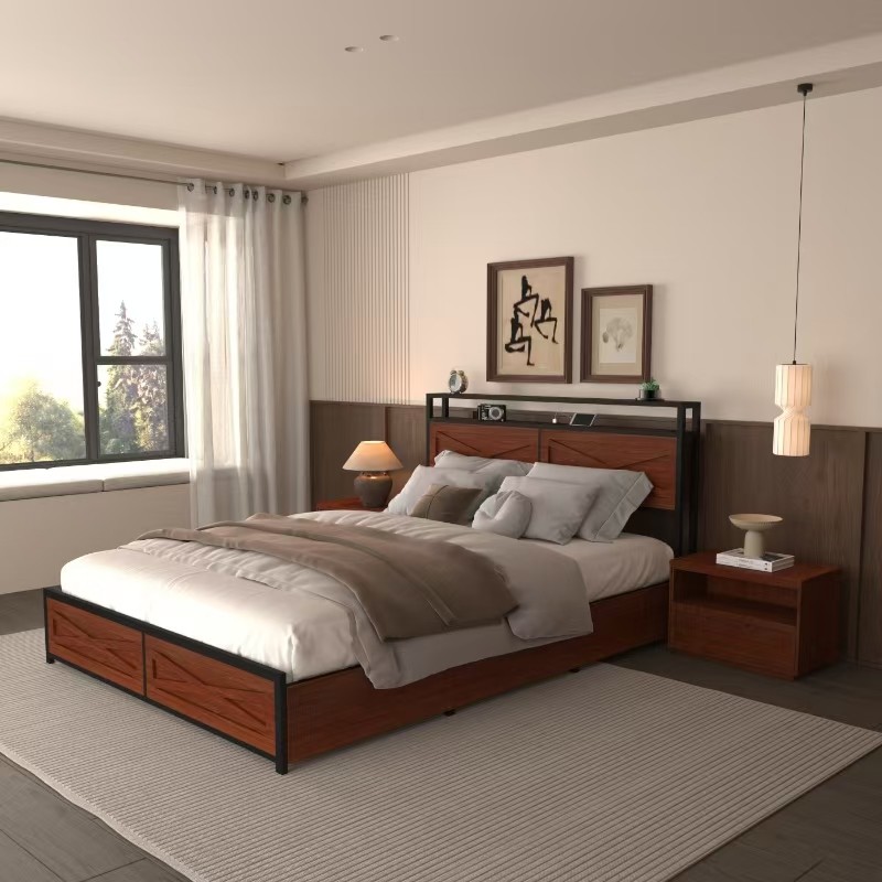 Full Bed Frame with 6 Storage Drawers,Storage Headboard with Charging Statio Bed