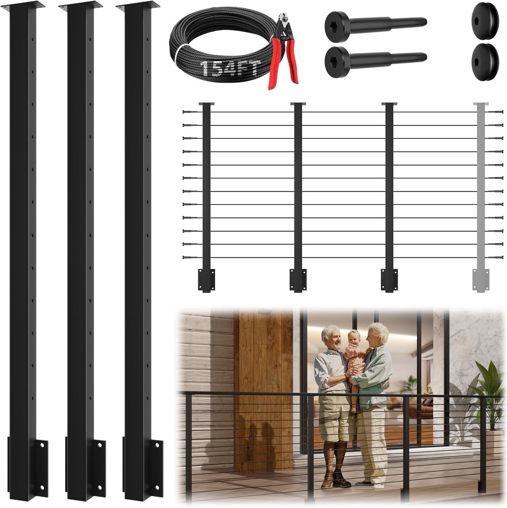 Gyykzz 42” Black Side Mount Cable Railing Kit 3 Posts 154ft Cable New, Open Box