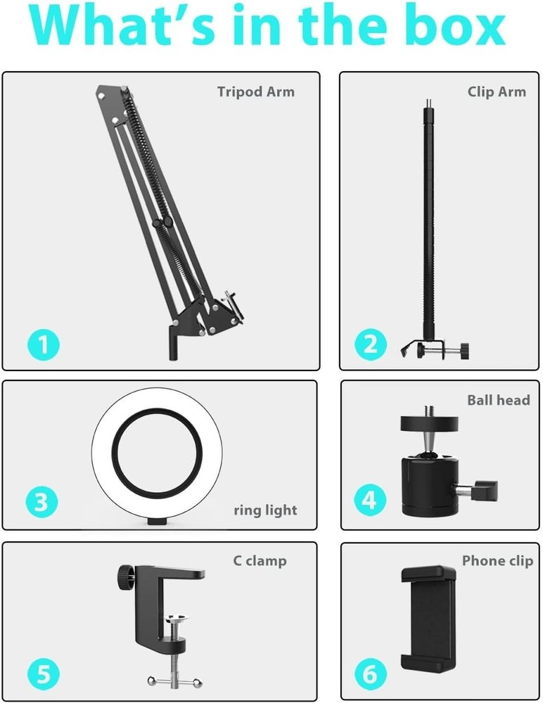 Overhead Camera Mount with 6-Inch Ring Light for iPhone Logitech Webcam