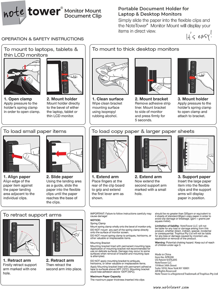Monitor Document Holder: Clips to Laptops & Monitors, Reduces Eye Strain, Black