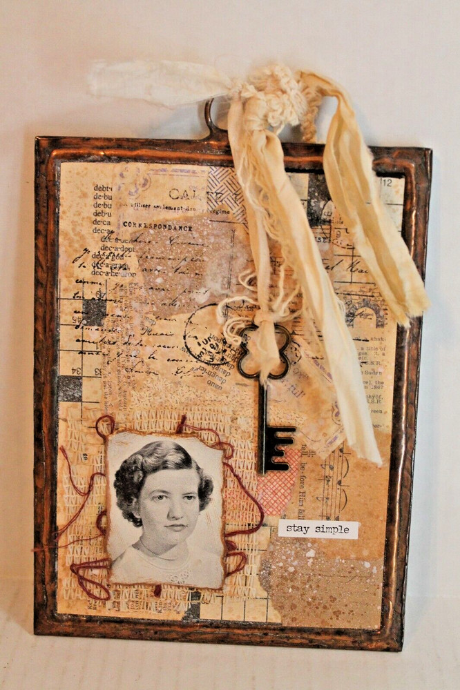 Handmade Object Assemblage Art Picture "Stay Simple" Mixed Media Collage 5x7"