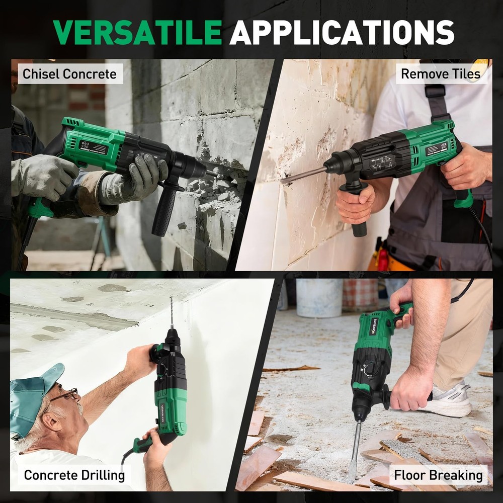 1 Inch SDS-Plus Rotary Hammer Drill, 8Amp, 3.0J 4 Functions Variable Speed Ha...