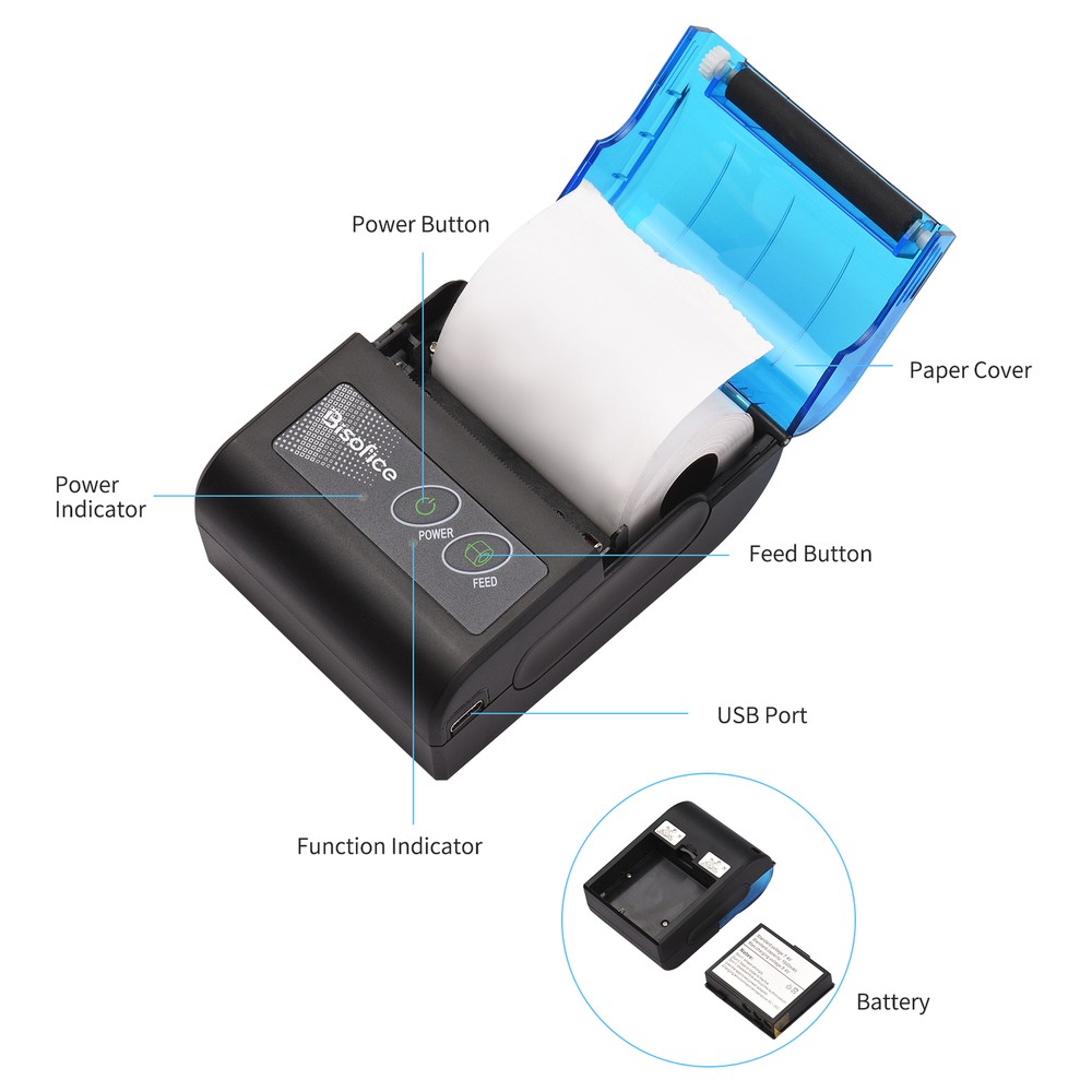 Bisofice 58mm Portable BT&USB Thermal Receipt Printer Mini Bill Ticket Printer E