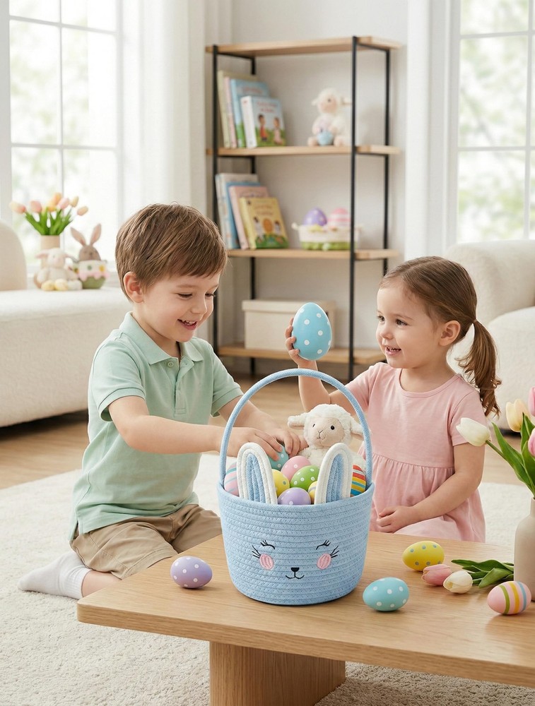 PopMeme Easter Basket, Easter Bunny Baskets with Handle, Cute Woven Cotton Ro...