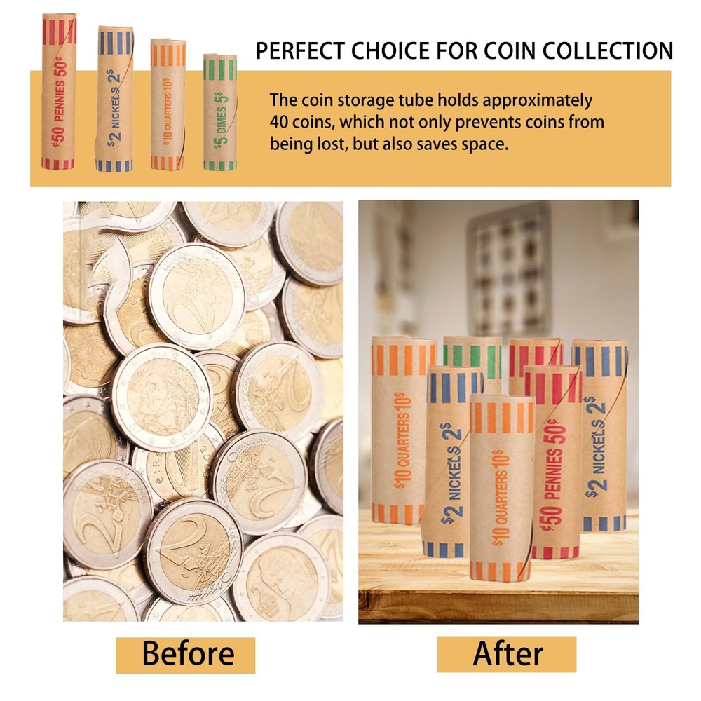 512 PCS Preformed Coin Wrappers Assorted Change Rolls Paper Tubes