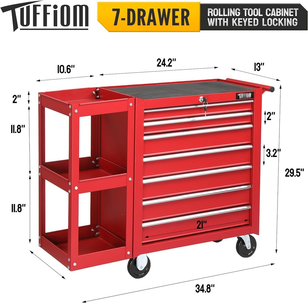 7-Drawer Rolling Tool Chest Tool Box with Lock & Key & Side Shelves for Workshop