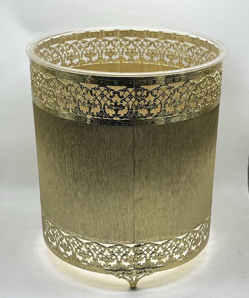 Vtg Hollywood Regency Ormolu Trash Can Gold Roses Plastic Insert