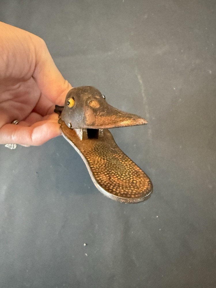 Vintage Cast Iron Duck Figural Nutcracker Glass Eyes 7” Novelty Kitchen Tool