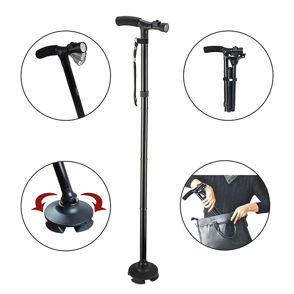 LED Walking Stick Cane All Terrain Pivoting Base Folding Cane Adjustable Height