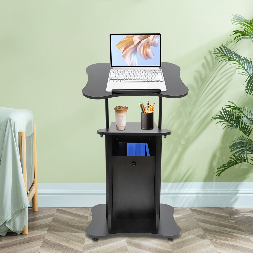Height Adjustable Mobile Laptop Podium with Tilting Top & Storage Cabinet