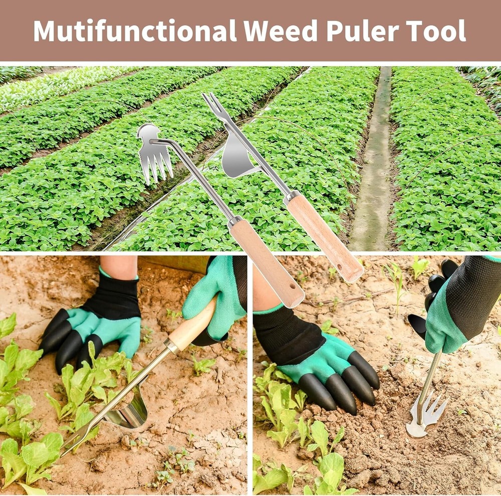 Hand Weeder Tool, 4 Teeth Dual Purpose Weed PullerStainless Steel 3Pcs...