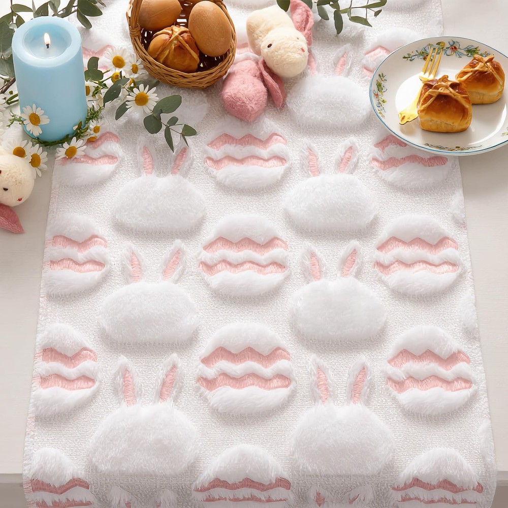 Easter Bunny Egg Table Runner - 13x72 Inch Spring 3D Rabbit Egg Jacquard Tabl...