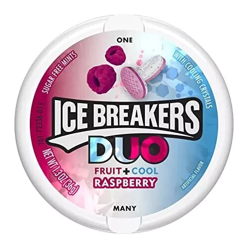 ICE BREAKERS DUO Raspberry fruit + Cool Sugar Free  1.3 oz Tins, 8 Count