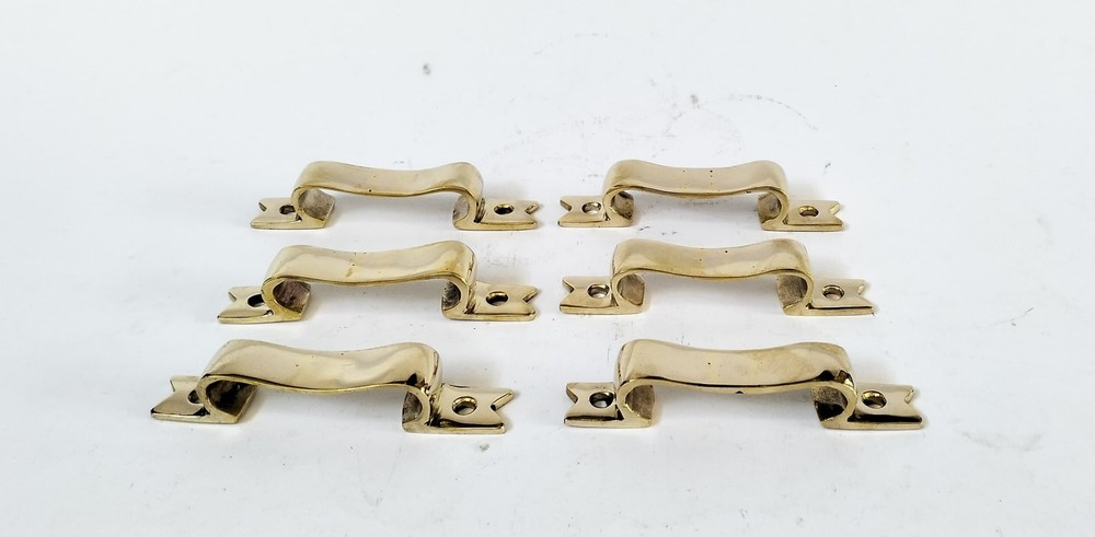 6 PULLS 4" handle heavy ribbon solid heavy brass old style kitchen GRAB 10 cm