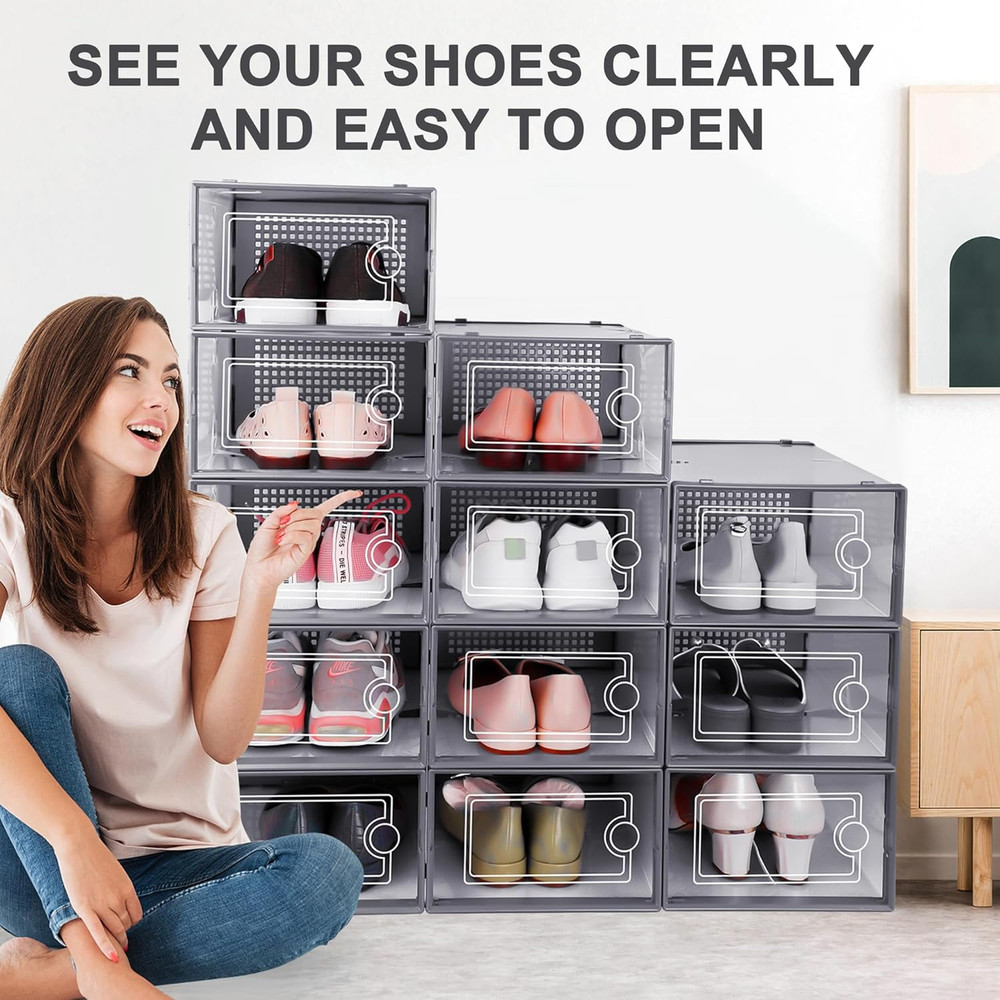 12 Pack Shoe Storage Boxes Clear Stackable Organizer Drop Front Closet Bin