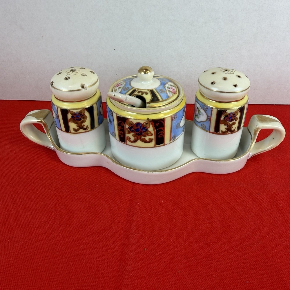 Noritake Lusterware Hand Painted Condiment Set Salt Pepper Jar Spoon Plate 6 Pc