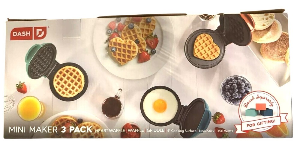 Dash Mini Maker 3 Pack - Heart Waffle Regular Waffle & Griddle - Nonstick Cookin