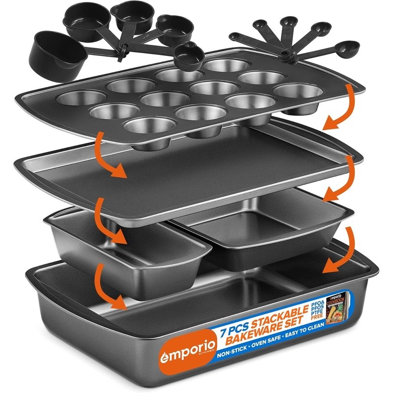 Stackable Baking Pan Set Nonstick White Marble Coating Carbon Steel Bakeware Set