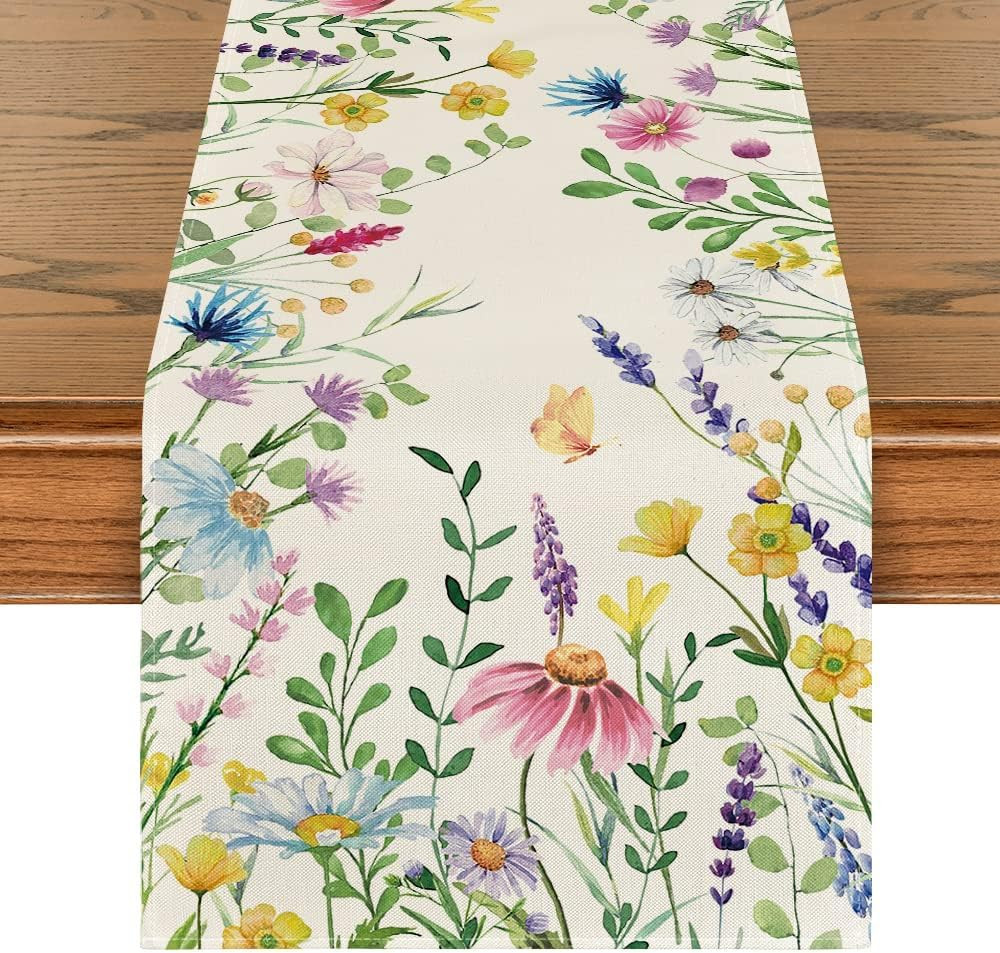 Daisy Eucalyptus Lavender Floral Leaves Summer Table Runner, Spring Kitchen Dini