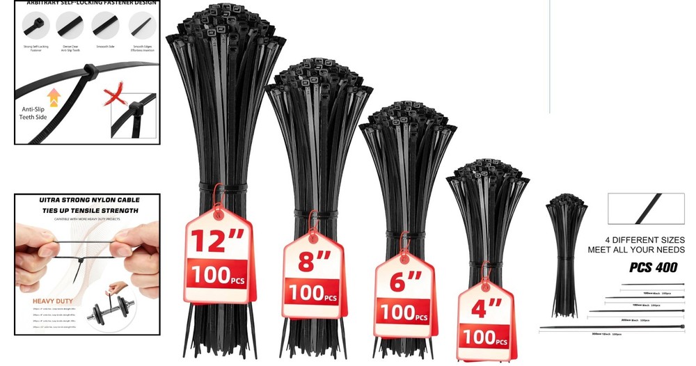 Versatile Black Cable Zip Ties: 400 Pack in Assorted Sizes for All Uses