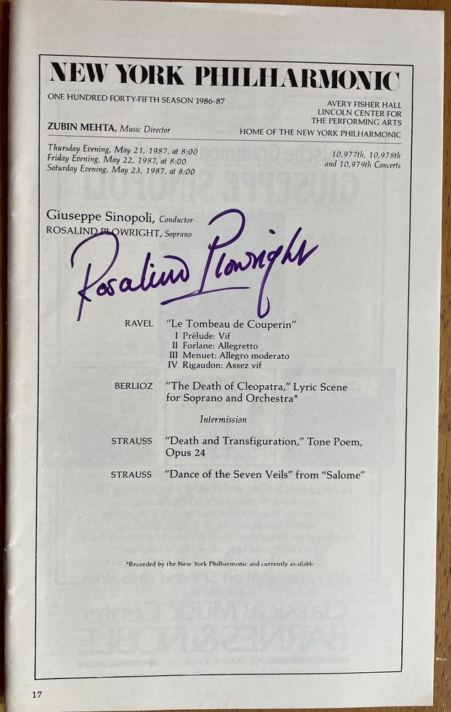 Sorpano Rosalind Plowright Autographed Program New York Philharmonic