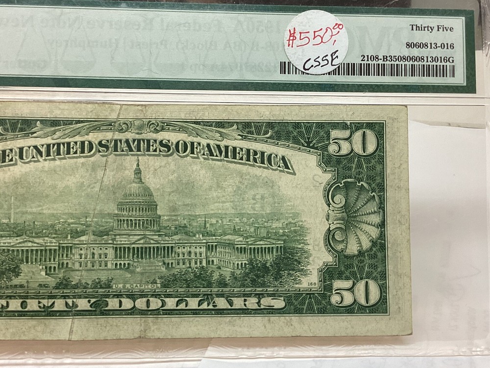 $50 1950A PMG 35 Gutterfold Error FR#2108-B