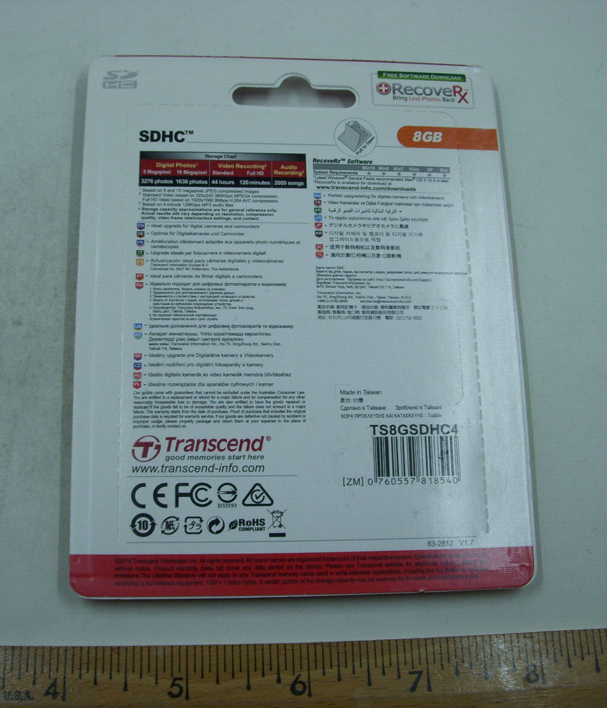 Transcend SDHC 8GB Class 4 Secure Digital Memory Card New In Package