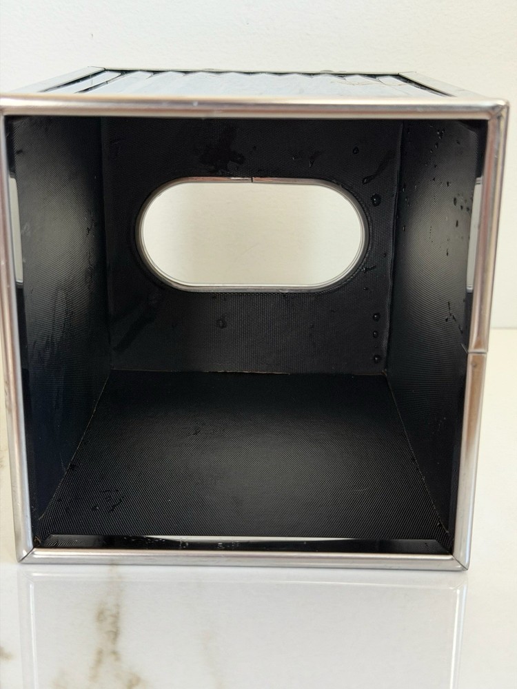 Chrome Tissue Box Vertical Rubbed Design Modern Art Deco Design Silver Read
