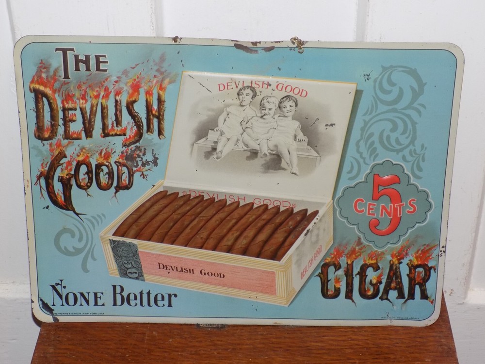 Vintage Devlish Good Embossed Cigar Metal Sign