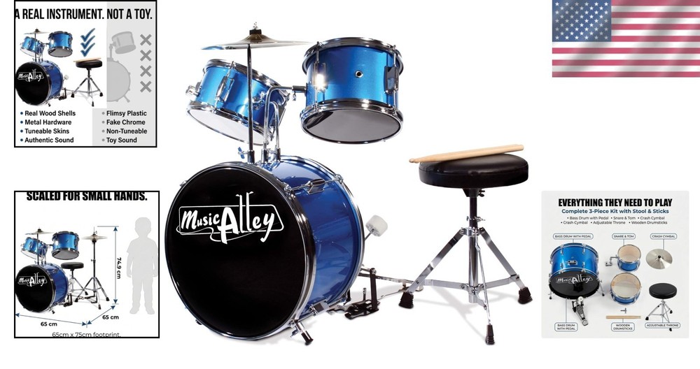 Children's 3 Piece Drum Set - Real Wood Construction