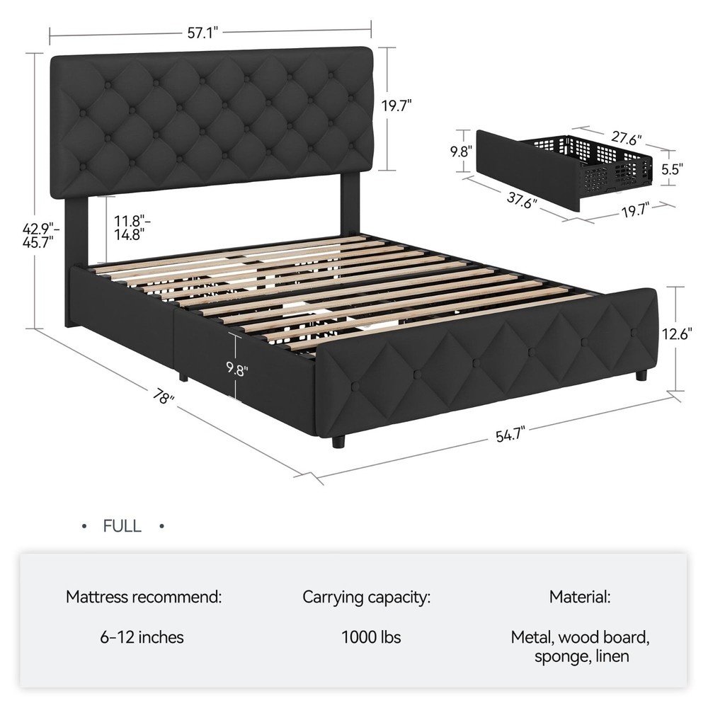Full Queen King Size Linen Upholstered Platform Bed Frame with 4 Storage Drawers