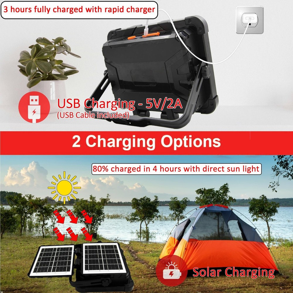 Large Outdoor Rechargeable Dual Solar Panel LED Work Light Waterproof Floodlight