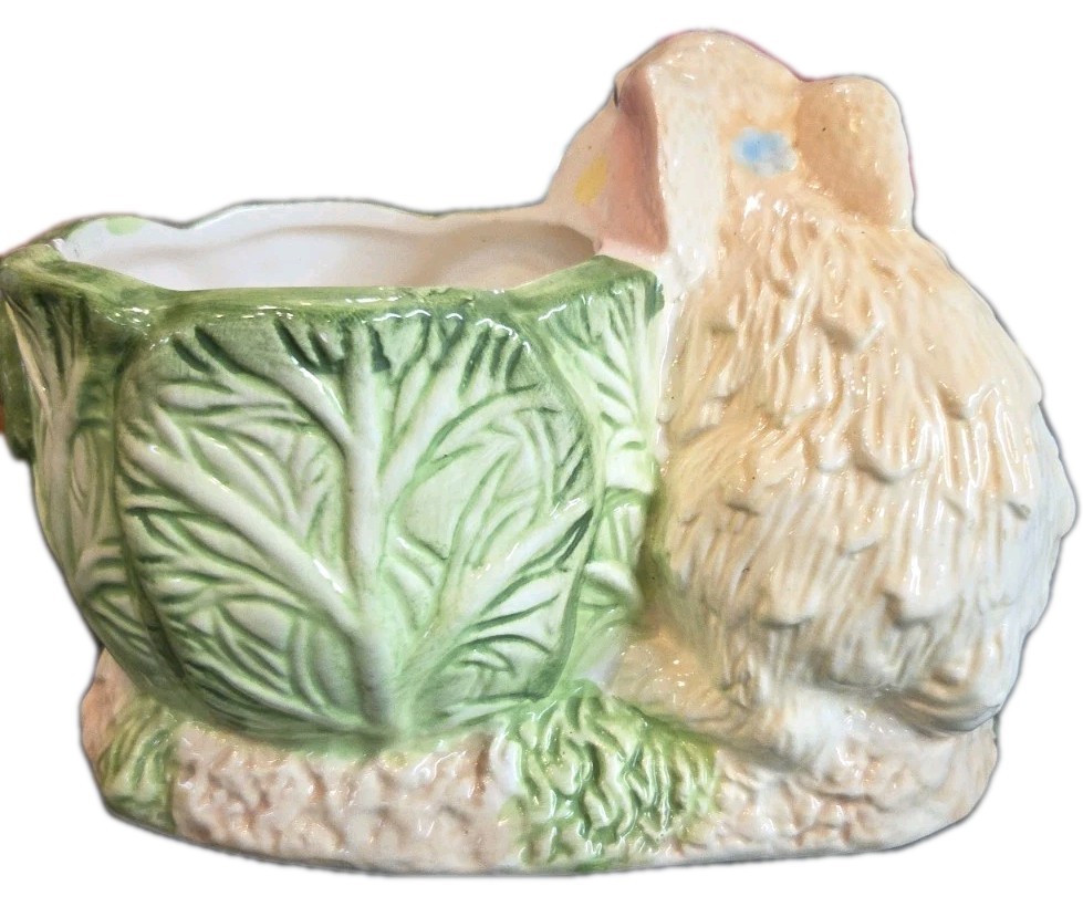 Large Bunny Planter White Rabbit w/ Cabbage Lettuce Leaf Planter
