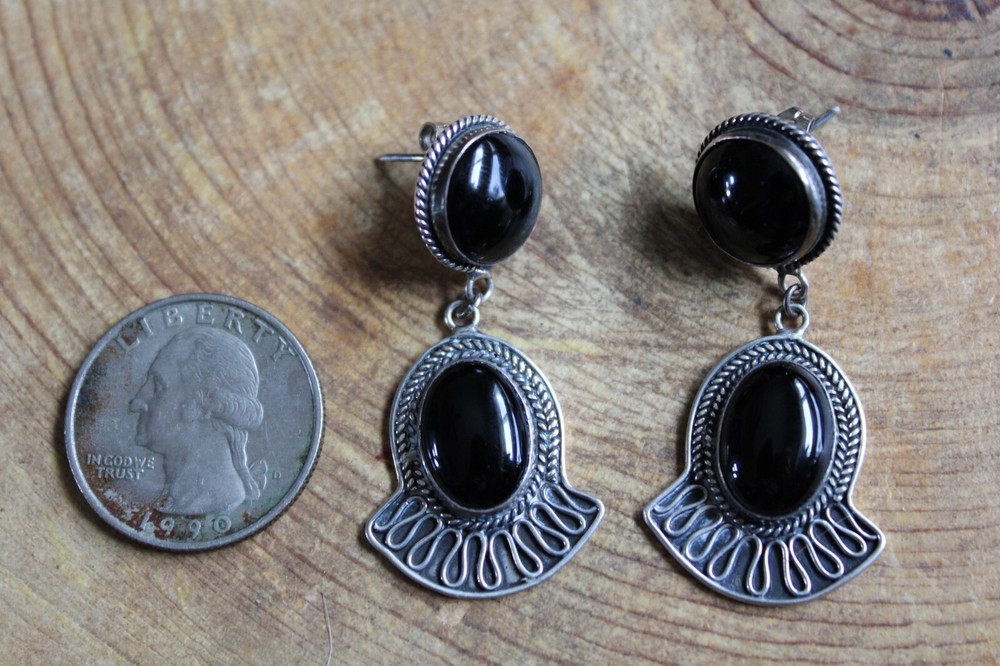 Onyx & Sterling Silver Round & Oval Dangle Earrings
