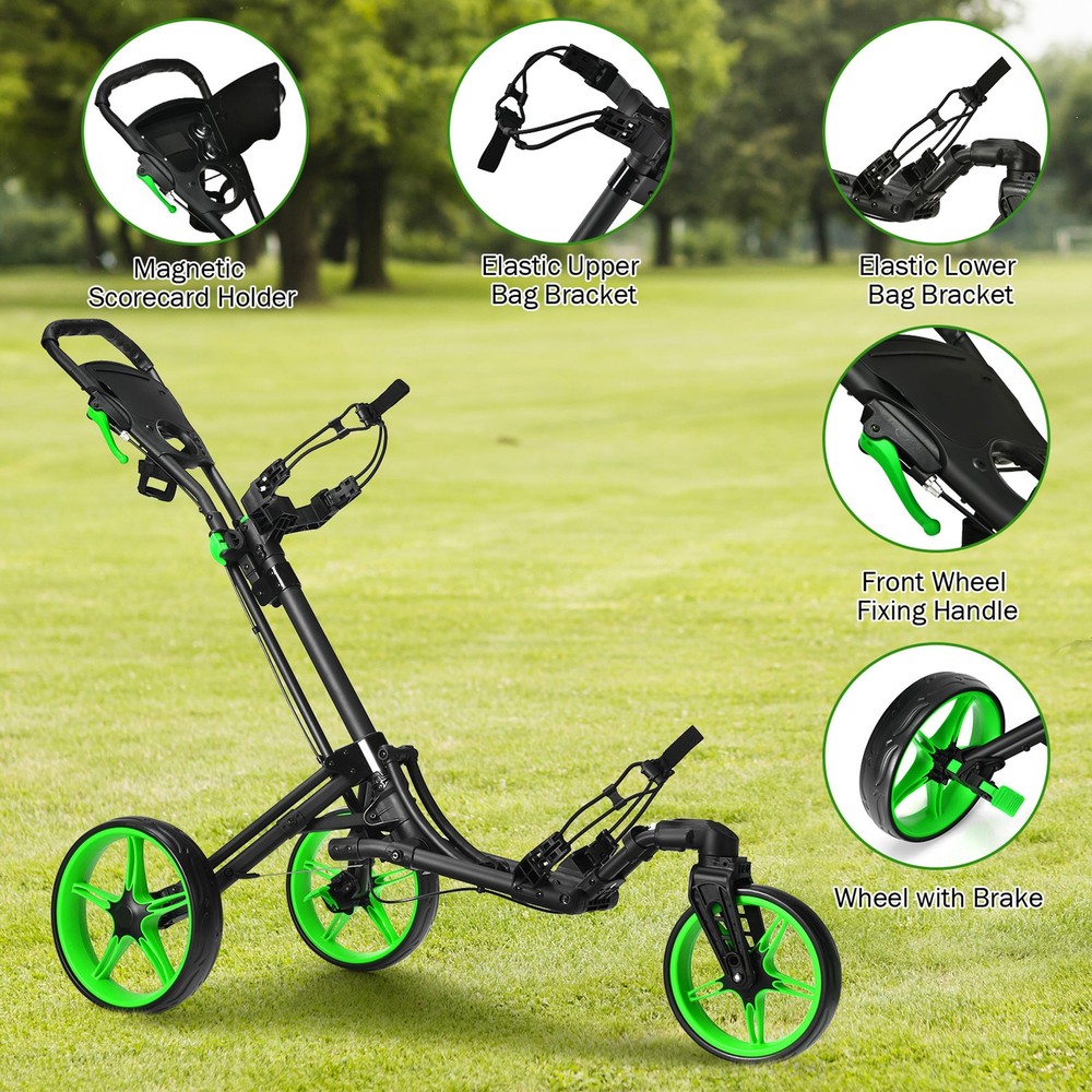 3 Wheels Foldable Golf Push Pull Cart Trolley w/ Adjustable Handle Brake Green