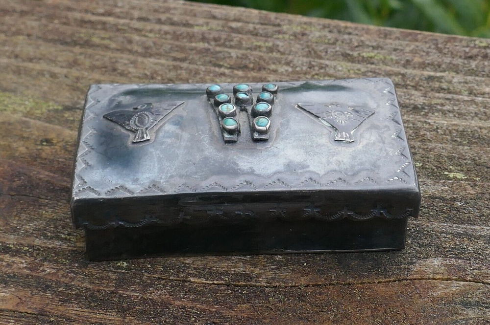 Vintage Navajo Sterling Silver & Turquoise Stamp Work Box w/ Applied Eagles