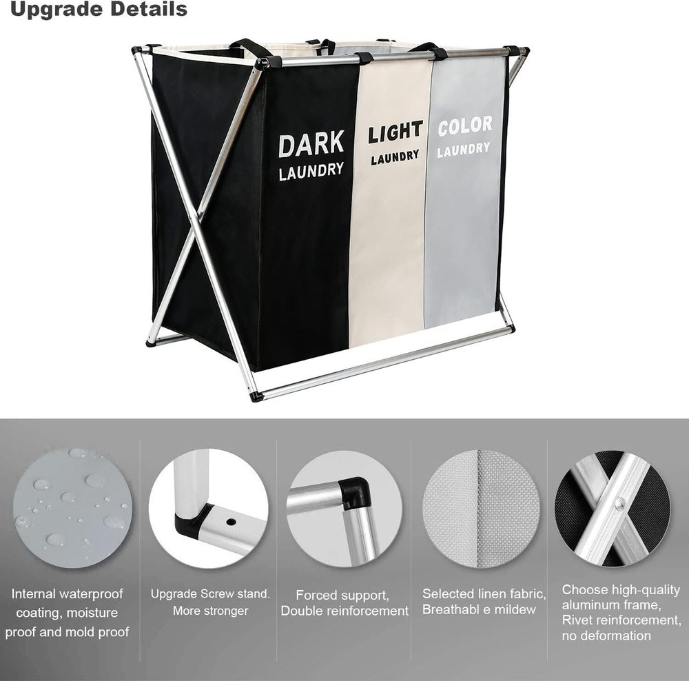 Large Laundry Basket 3 Section Foldable Dirty Clothes Hamper Storage Sorter Bag