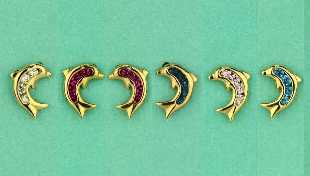 14k Yellow Gold CZ Dolphin Stud Earring