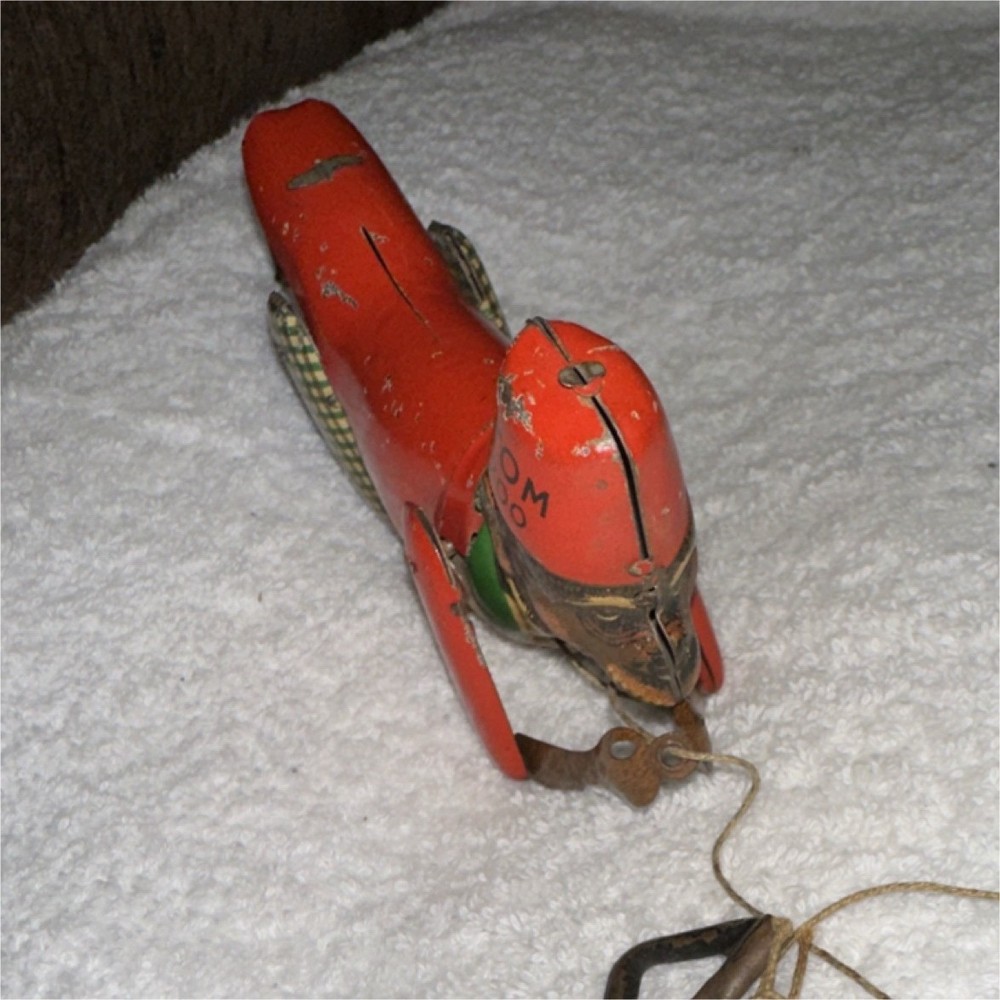 TOM Vintage Tin Monkey Pull Toy Red Jacket