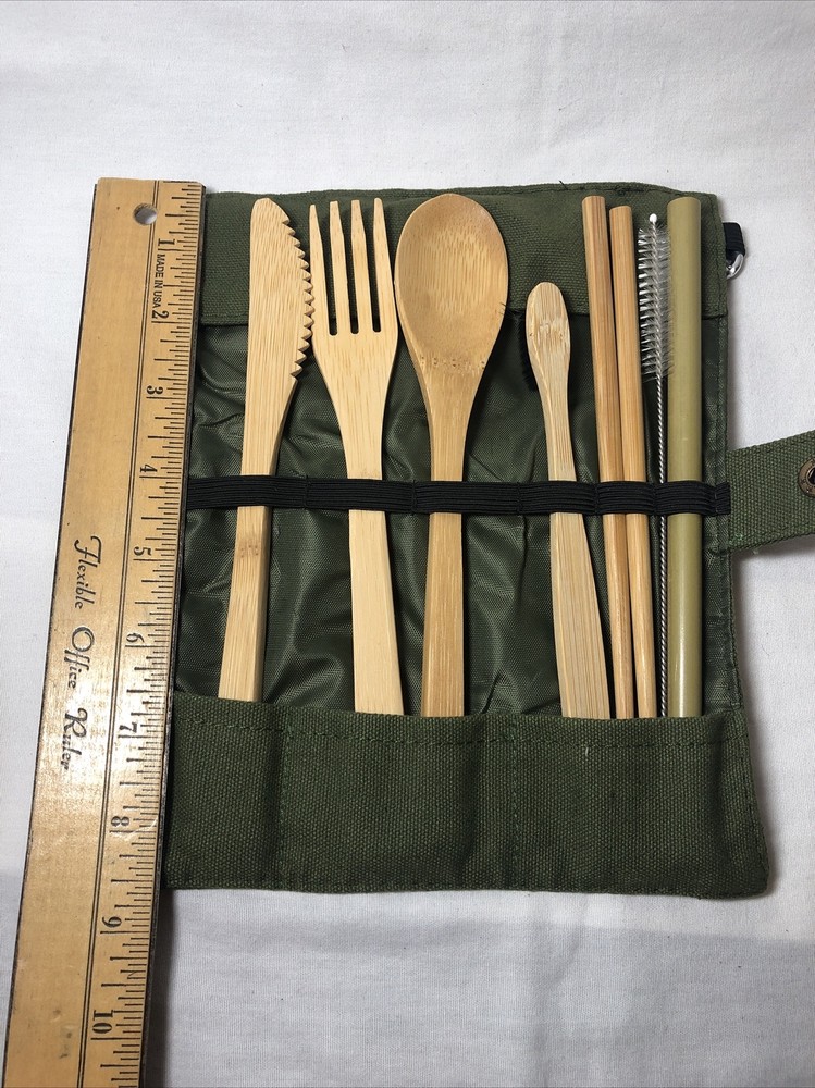 Solid Bamboo Individual Silverware Straw Chopsticks Set Roll up Case & 2 Brushes