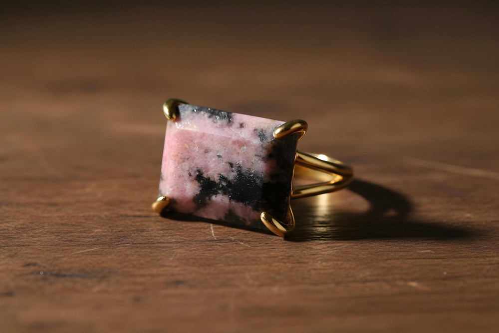 Rhodonite Rectangle Ring Anemone 14k Gold Emerald Cut Double Band