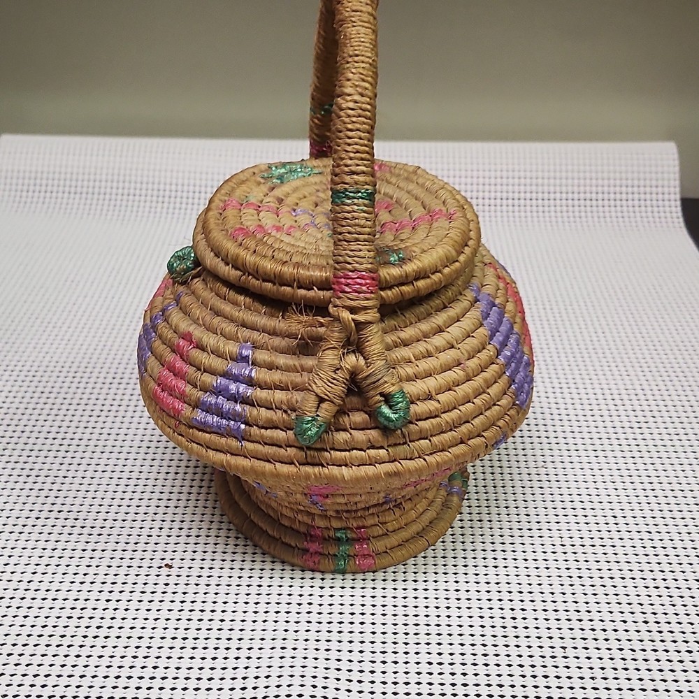 Small Ethnic Handmade Woven Storage Basket with Lid, Handle, Multicolor