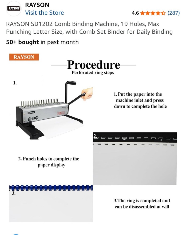 RAYSON SD1202 Comb Binding Machine, 19 Holes, Max Punching Letter Size, with ...