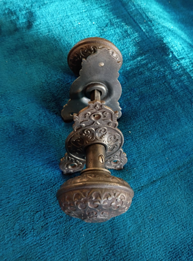 Antique Cast Iron Door Knobs & Back Plates Set .