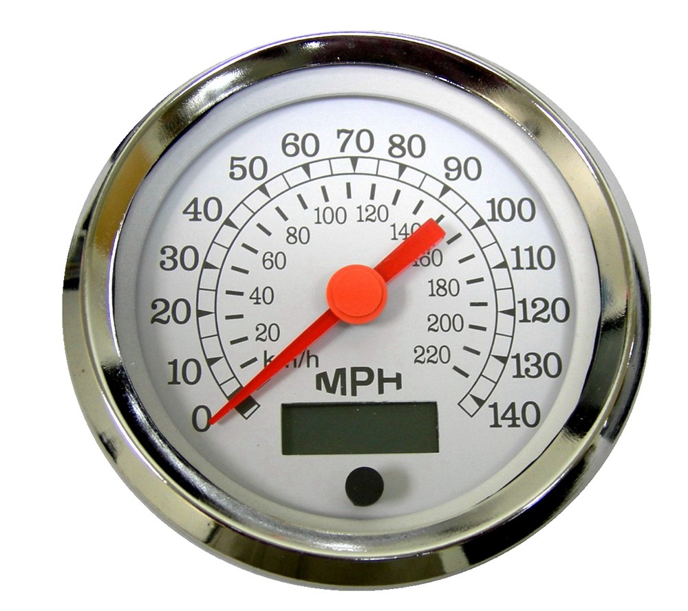 Speedometer, programmable, 3-3/8"/86mm,140 MPH,LED light,white/chrome,043-SP-WC