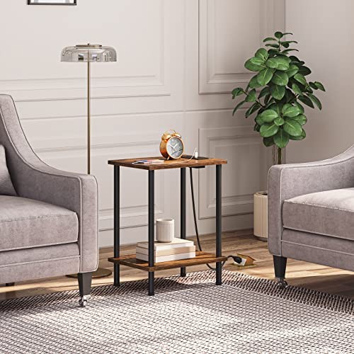 Side Table with Charging Station, End Table with USB 1 Rustic Brown + Black