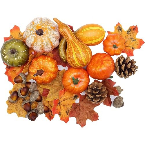 50pcs Fall Pumpkins Decor Set, Mini Artificial Gourd Fall Leaves style 1