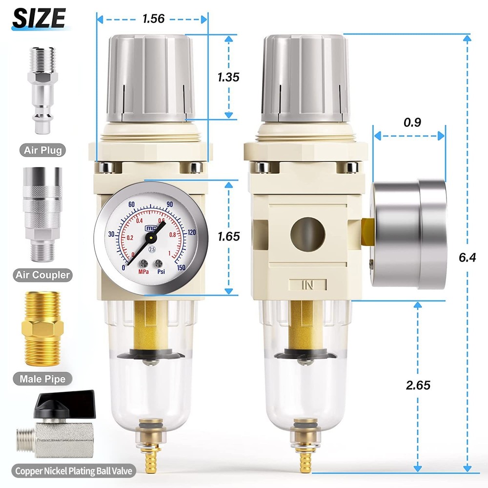 Compact 1/4 Inch NPT Air Filter Regulator Combo with Moisture Filtration System