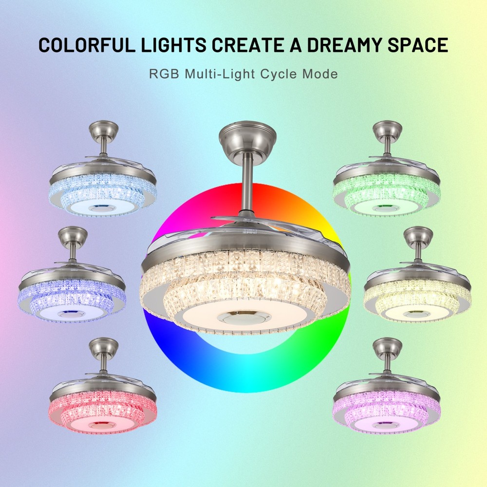 Bluetooth Crystal Ceiling Fan with Light – Retractable Blades, Dimmable LED